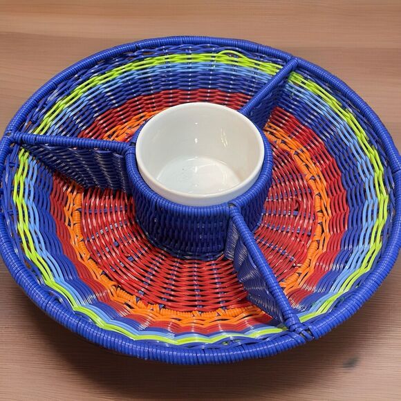 Outdoor Chip and Dip Set Woven Rainbow Coated Multicolor Basket White Ceramic - Picture 2 of 4